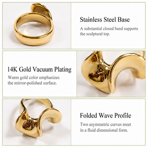 Folded <b>Wave</b> Stainless Steel Ring with 14K Gold Vacuum Plating <b>Mirror</b> Polished Sculptural Statement Design - Product Image 5