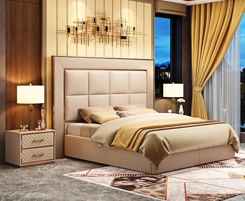 Pieds modernes en métal de luxe lits hauts et rembourrés cadre de lit queen size en bois en cuir ensemble de meubles de chambre à coucher intelligents autres lits d'hôtel