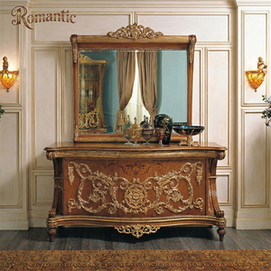 Ensemble de table à manger classique néo-classique de luxe, meubles sculptés dorés, <span class=keywords><strong>France</strong></span>, ensembles de salle à manger en jacquard turquoise pour la décoration de manoir - Product Image 3