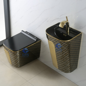 Série Designer – <span class=keywords><strong>WC</strong></span> mural carré rétro <span class=keywords><strong>noir</strong></span> et or, céramique haut de gamme, équipement sanitaire pour solutions de projets - Product Image 3