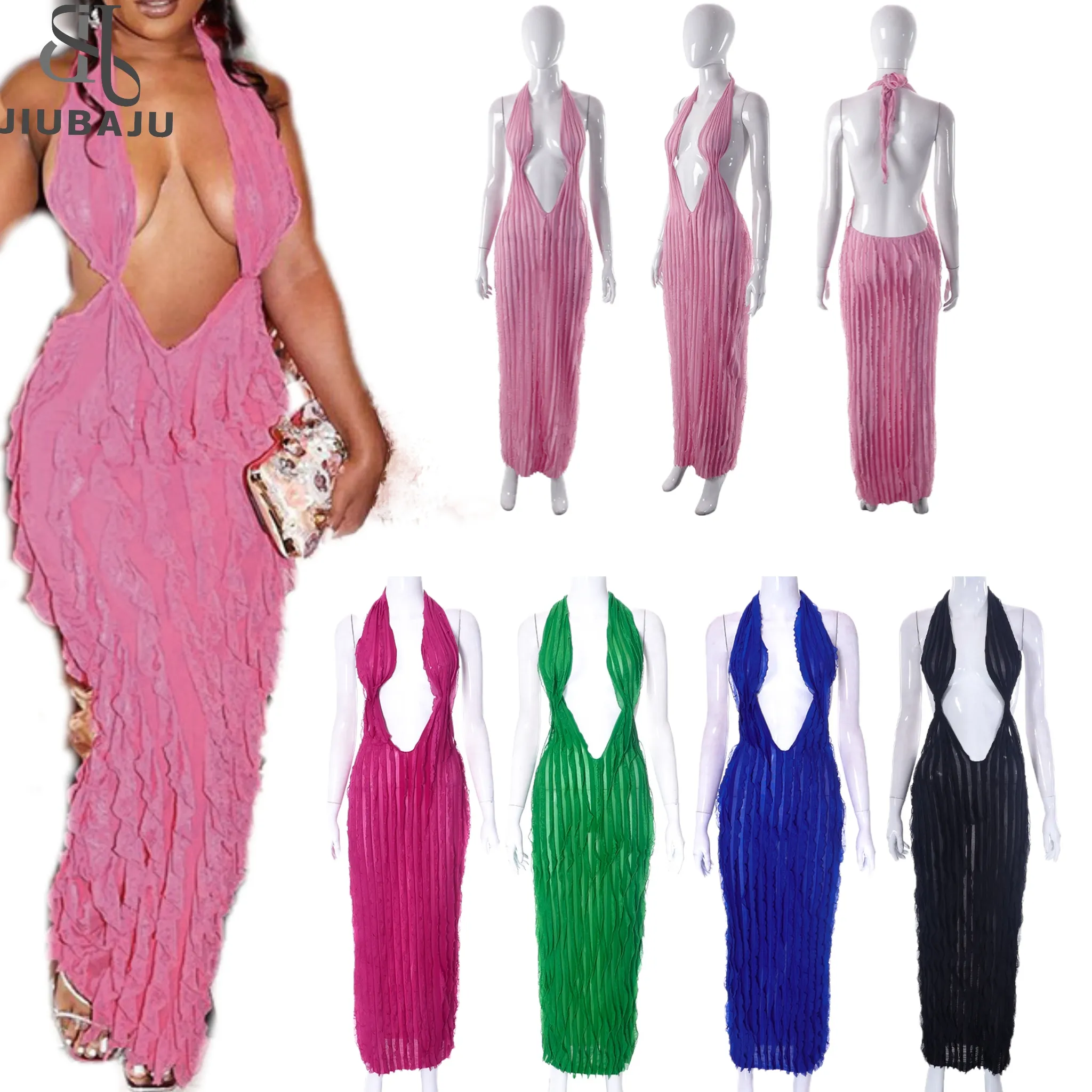 Stripe Sexy Y2K Clothes Sleeveless Backless Lace Up Halter Bodycon Maxi Dresses For Women