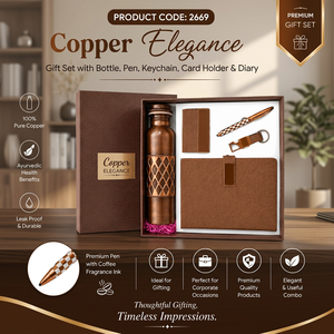 Elegant Copper Corporate Gift Set Pure Copper Bottle Pen Keychain Card Holder PU <b>Leather</b> <b>Diary</b> Personalized Handmade Gifting - Product Image 2