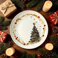Assiette plate en céramique à thème de Noël, motif branche de pin rouge et verte, compatible micro-ondes, design frais et mignon, pour la maison et l'hôtel