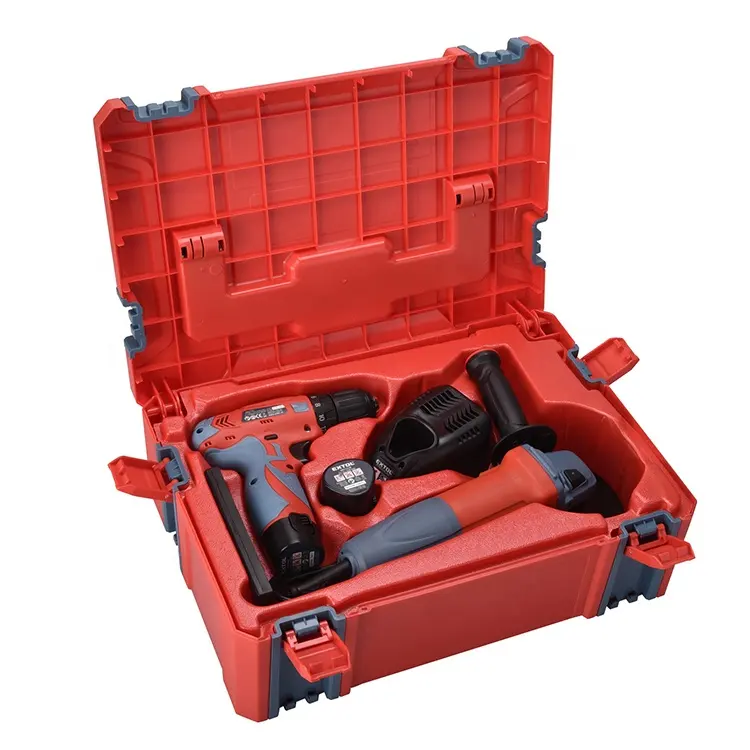 8898311 EXTOL Premium 12V Li-ion(2x) Cordless Impact Drill and 125 mm Angle Grinder Power Tool Set with Plastic Box