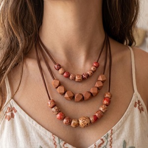 Boho Triple Strands Suede <b>Rope</b> Necklace Multi Shape Printed Wood Beads Women Vintage Casual Western Neck Ornament - Product Image 1