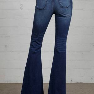 Nouveau design, logo personnalisé, jeans évasés taille haute, délavés à l'acide, bleu foncé, pour femmes - Product Image 5