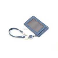 Porte-cartes rétractable en cuir PU bleu denim avec logo personnalisé Yoyo Reel et cordon de poignet