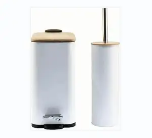 Huis En Keuken 2023 Metalen Pedaalemmer Vuilnisbak & Toiletborstelhouder Met Bamboe Deksel Rechthoekige Pedaalbak Set