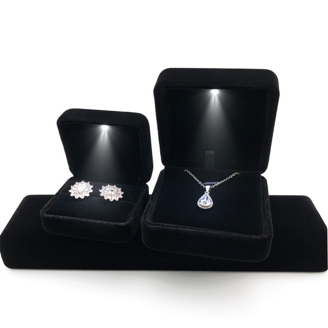 Luxury Soft Velvet Material  Single Double Ring Box LED Light for Engagement Wedding  Festival Jewelry Display Gift Boxes