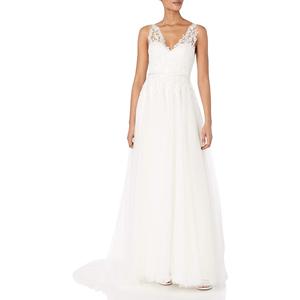 White A-Line Tulle Wedding Dress V-Neck Lace Bodice Natural Waistline Backless Simple Style - Product Image 3