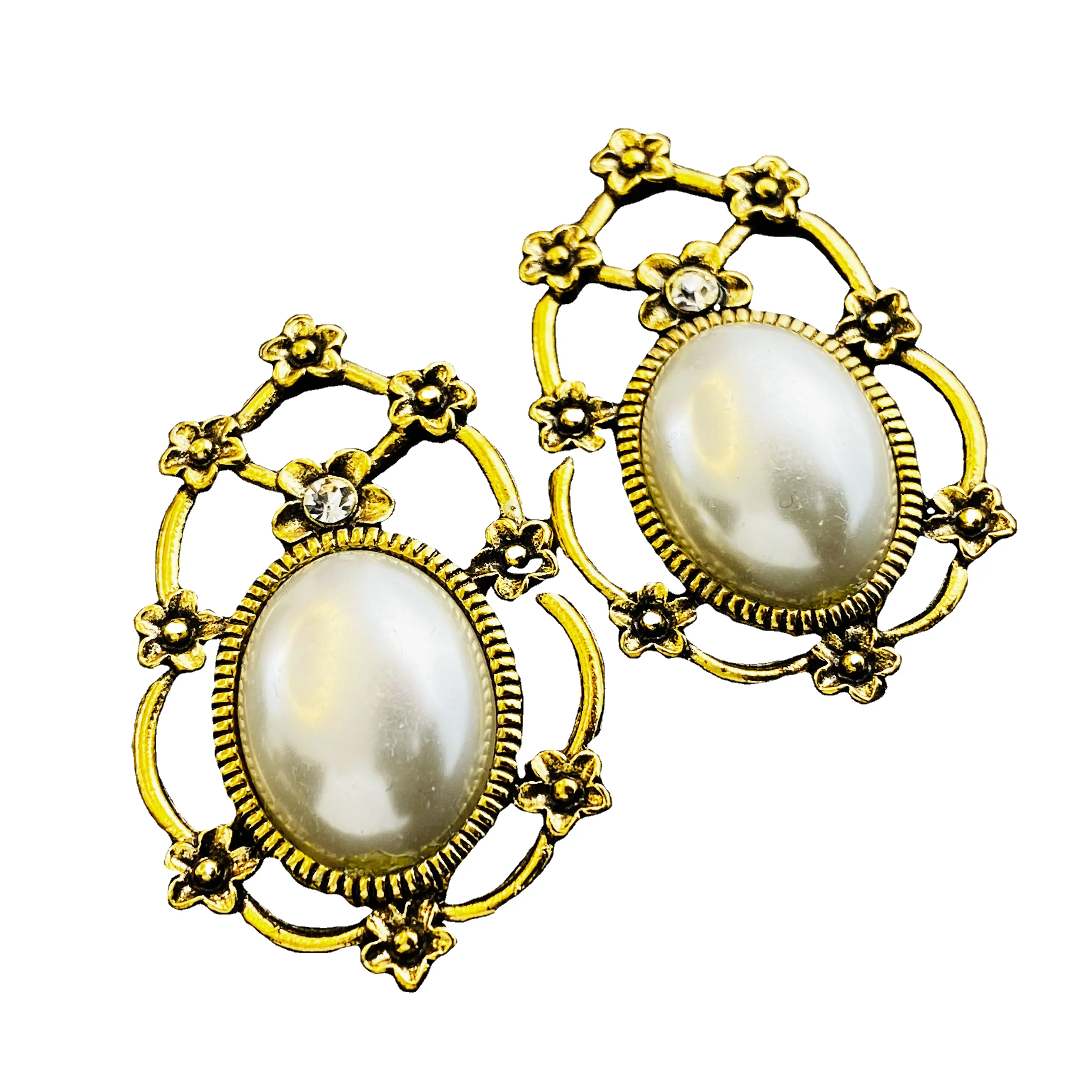 Fashion Bohemia Silver Gold Plated Indian Style Vintage Alloy Inlay Gemstone Pattern Cut Out Pearl Earrings