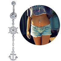 Anneau de nombril en acier inoxydable serti de diamants en forme d'ancre de bateau, anneaux de nombril de créateur en gros