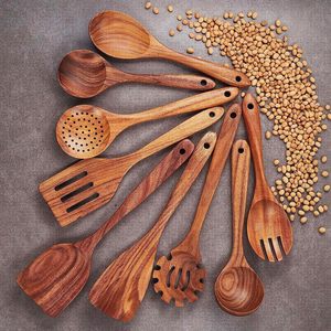 Juego de Utensilios de Cocina <span class=keywords><strong>Zulay</strong></span> de 9 Piezas de Madera de Teca con Acabado Liso Antiadherente y Agarre Cómodo - Juego de Regalo de Cocina de Teca Natural - Product Image 4