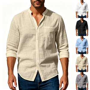 <span class=keywords><strong>Camicia</strong></span> Casual da <span class=keywords><strong>Uomo</strong></span> in <span class=keywords><strong>Lino</strong></span> Tinta Unita a Maniche Lunghe, Stile Cardigan Senza Colletto, Traspirante - Product Image 1