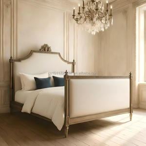 French Antique XVI Style Solid Wood Fabric Upholstered <b>Bed</b> Frame King <b>Size</b> Platform Bed2 Wooden <b>Beds</b> Bed2 - Product Image 1