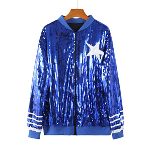 Chaqueta de lentejuelas para <span class=keywords><strong>mujer</strong></span> Texan 2026 para el Día del Partido, con patrón sólido en rojo, blanco y azul, logotipo frontal de jersey tejido y cierre de cremallera - Product Image 2