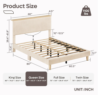 Lit intelligent Bestier avec tête de lit de rangement, éclairage LED, rembourré en velours côtelé beige, structure métallique assemblée, écologique, durable et confortable
