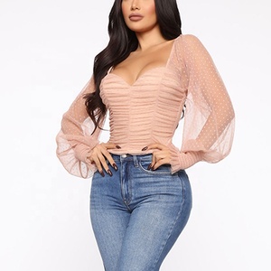 <span class=keywords><strong>Blusa</strong></span> de gasa de encaje transpirable para mujer, camisa de <span class=keywords><strong>manga</strong></span> larga <span class=keywords><strong>con</strong></span> estampado de lunares personalizados, cruzado en el pecho, ombligo desnudo, fruncido - Product Image 2