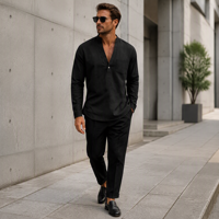 Kemeja Henley Pria Lengan Panjang Katun Kerah Tegak V-Neck untuk Pantai dan Bisnis dengan Saku Dada, Potongan Santai, Ringan, dan Bernapas