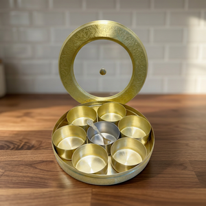 Premium Round Brass Spice <b>Box</b> with Glass Window Lid 7 Containers Etched Border Indian Masala Dani Kitchen Organizer Set - Product Image 3