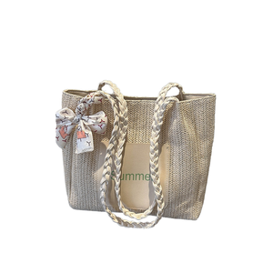 Indonesian's Best Seller <b>Summer</b> Straw <b>Tote</b> <b>Bag</b> With Bow Decoration Bohemian Style Canvas Lining Open Top Two Handles - Product Image 1