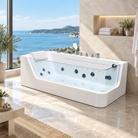 Baignoire balnéo en acrylique pour salle d'eau d'hôtes, 1500 mm, avec panneau transparent intégré, appui-tête blanc et vidange d'extrémité