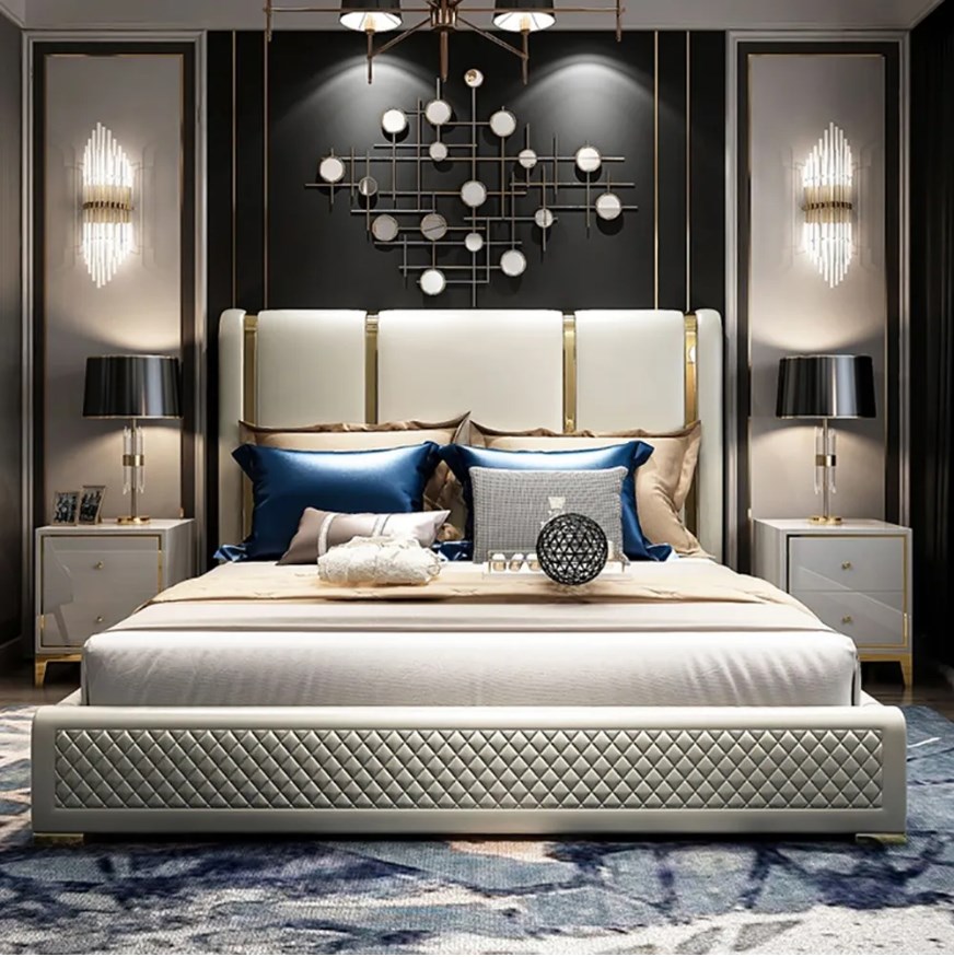 Modern polished gold and faux leather headboard Included upholstered king bed