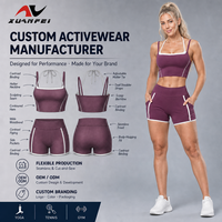 Ensemble de yoga personnalisé avec logo, col halter, short cycliste contrastant avec poches, taille haute, contrôle du ventre, pour femme, OEM ODM, prune