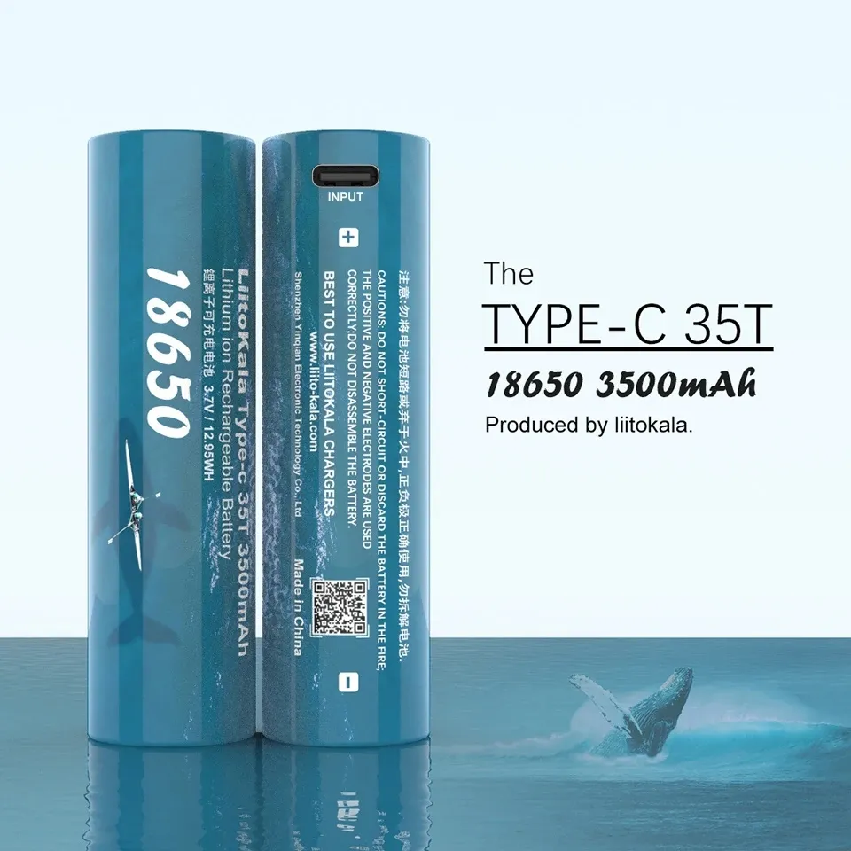 بطارية قابلة لإعادة الشحن LiitoKala من النوع سي 35t أيون الليثيوم 3.7 فولت 18650 بقدرة 3500 مللي أمبير في الساعة مدخل USB من النوع سي 18650