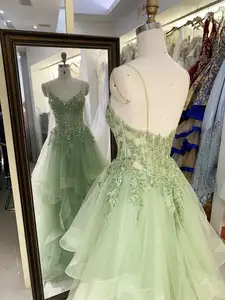 All'ingrosso corsetto verde menta ricamato tulle gonna senza maniche con cerniera sul retro una linea abiti da sera da ballo 2025