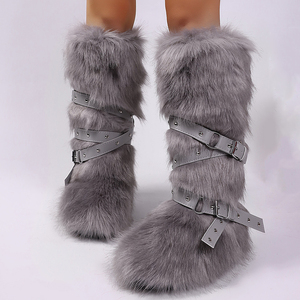 Bottes d'hiver chaudes et fourrées pour femme, grande taille 44, à semelle épaisse, avec lanières croisées, fourrure, hauteur genou, bout rond - Product Image 4