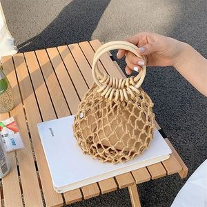 Ethnic Style Wooden Ring Handle Straw Bag Women Net <b>Mini</b> Clutch Tote Handmade Woven Cotton Rope Hollow Summer Vacation Beach Bag - Product Image 2