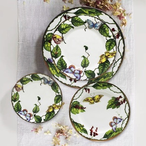 Service de vaisselle en céramique motif végétal, comprenant un bol vert et des assiettes en porcelaine haute dureté, idéal pour les mariages et les hôtels - Product Image 6