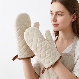Minimalist Cotton Oven Mitts Heat Insulation Quilted Design Beige with Brown Trim for Kitchen Use - Product Image 1