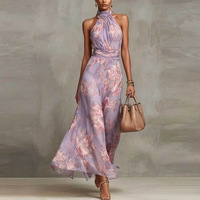 Robe longue maxi sans manches à col halter imprimé floral taille haute et ourlet irrégulier pour femme, style européen, tenue de ville