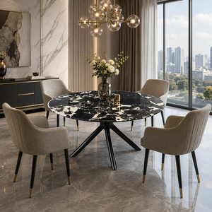 Customized Luxury Black Marble Quartzite Dining <b>Table</b> Round <b>Top</b> Modern Villa 6 Seater Metal Legs <b>Stone</b> Furniture - Product Image 3