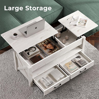 Table basse relevable avec 2 tiroirs de rangement et compartiment caché, table centrale rétro avec plateau relevable en bois