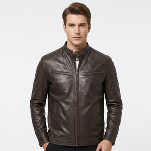 Chaqueta de Cuero Genuino Marrón para Hombre, Corte Ajustado, Estilo Motero, Cafe Racer, de Piel de Vacuno, con Bolsillos con Cremallera, Clásica, Personalizada, Cálida para Invierno - Product Image 1