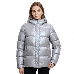 Unisex Silver Gray Coated Winter Eco-friendly Waterproof Quilted Puffer <b>Jacket</b> Hooded Zipper Closure Windproof Cotton Filling - Product Image 1
