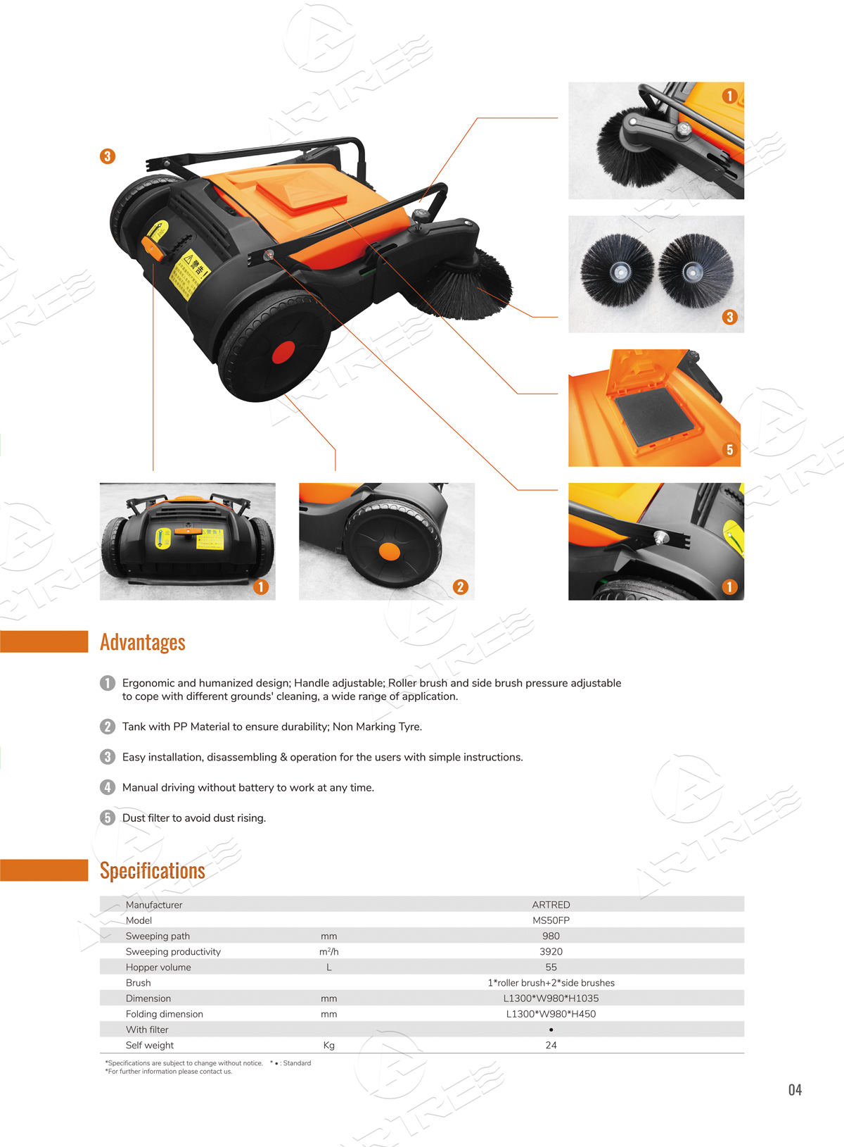 ARTRED cheap good quality dust filter industrial floor manual floor sweeper