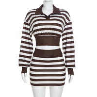 Ensembles pour femmes automne-printemps, col rabattu, manches longues, haut court, mini-jupe, tendance automne, ensemble rayé 2 pièces
