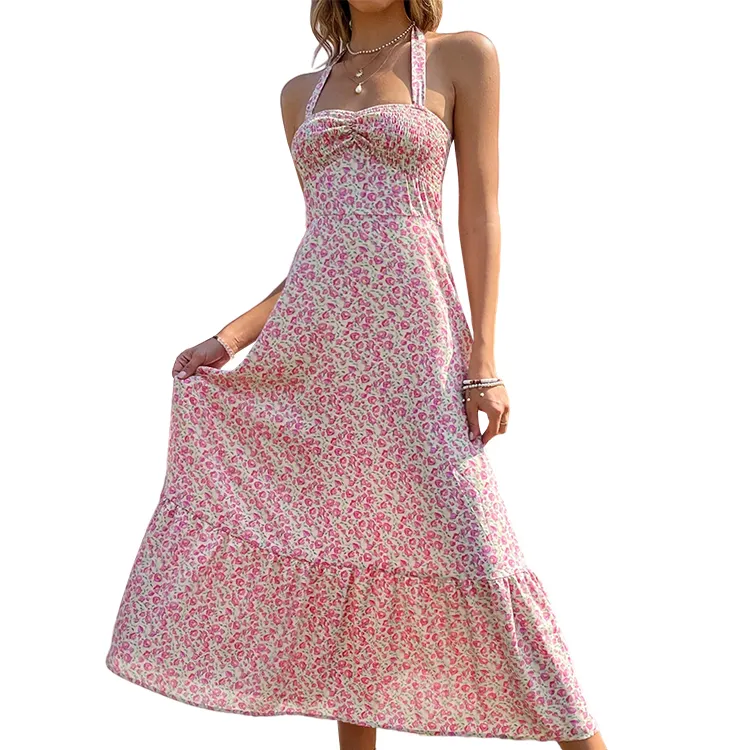OEM New arrival Wholesale Summer Sexy women clothing Elegant Casual floral sleeveless chiffon long Dress