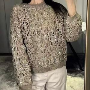 Pull en <span class=keywords><strong>laine</strong></span> à col rond à manches longues élégant et luxueux pour femmes B*C avec broderie creuse à paillettes, pull d'automne - Product Image 1