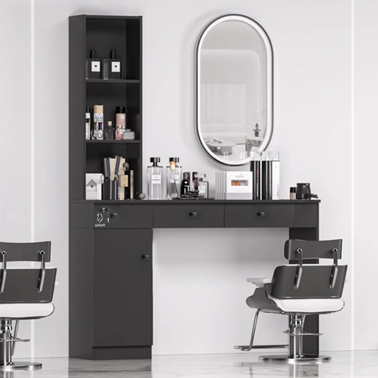 Luxury beauty salon furniture Black custom Mirror station makeup barber mirror For Beauty Salon All Barber Shop Use