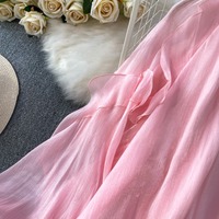 Collection Printemps-Été 2026 : Blouse Rose à Volants pour Femme, Col Montant, Motif Floral Rose, Manches Lanterne, Ourlet Superposé, Transparente, Longueur Mi-longue, Style Féerique - Vente en Gros