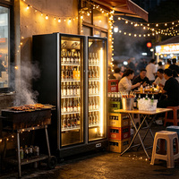 Réfrigérateur vertical mince à double porte vitrée avec éclairage LED pour bières, refroidissement direct, équipement de réfrigération pour magasins de proximité