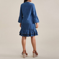 Robe en jean pour femme à col en V profond et laçage, à volants plissés, manches longues, style décontracté d'été, coupe ample, ou sans manches