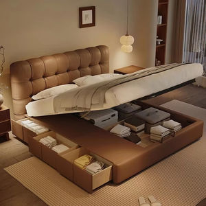 Moderne élégant Caramel nuage guimauve forme en cuir véritable bois massif en acier inoxydable chambre hôtel multi-taille lit de rangement - Product Image 1