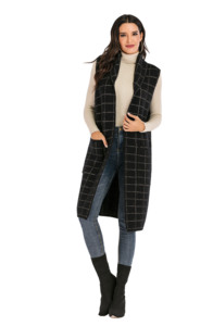 Plus Size Women's Suit Style Long Cardigan Sweater Vest <strong>Sleeveless</strong> Plaid Lapel <strong>Coat</strong> With Pockets - Product Image 2