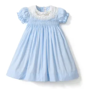 Factory Hand Smocking Children Summer Baby Blue Dress Puff Sleeve Peter Pan Collar Kids Embroidery Woven Dress